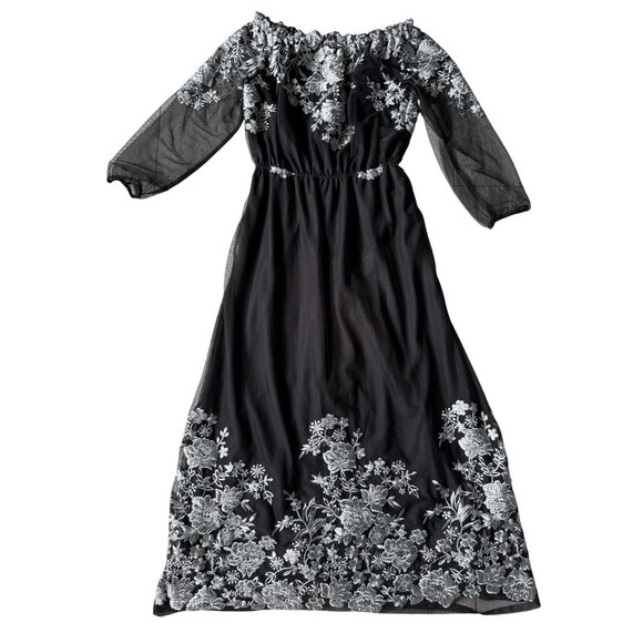 INC International Concepts Black Silver Off-Shoulder Embroidered Maxi Dress  12 - Picture 1 of 7